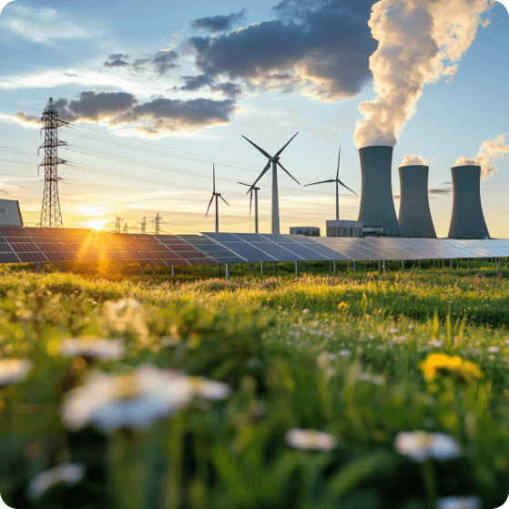 Landschap met zonnepanelen, windmolens en kerncentrales