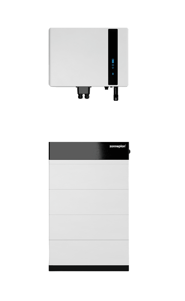 Een zonneplan thuisbatterij met omvormer erboven