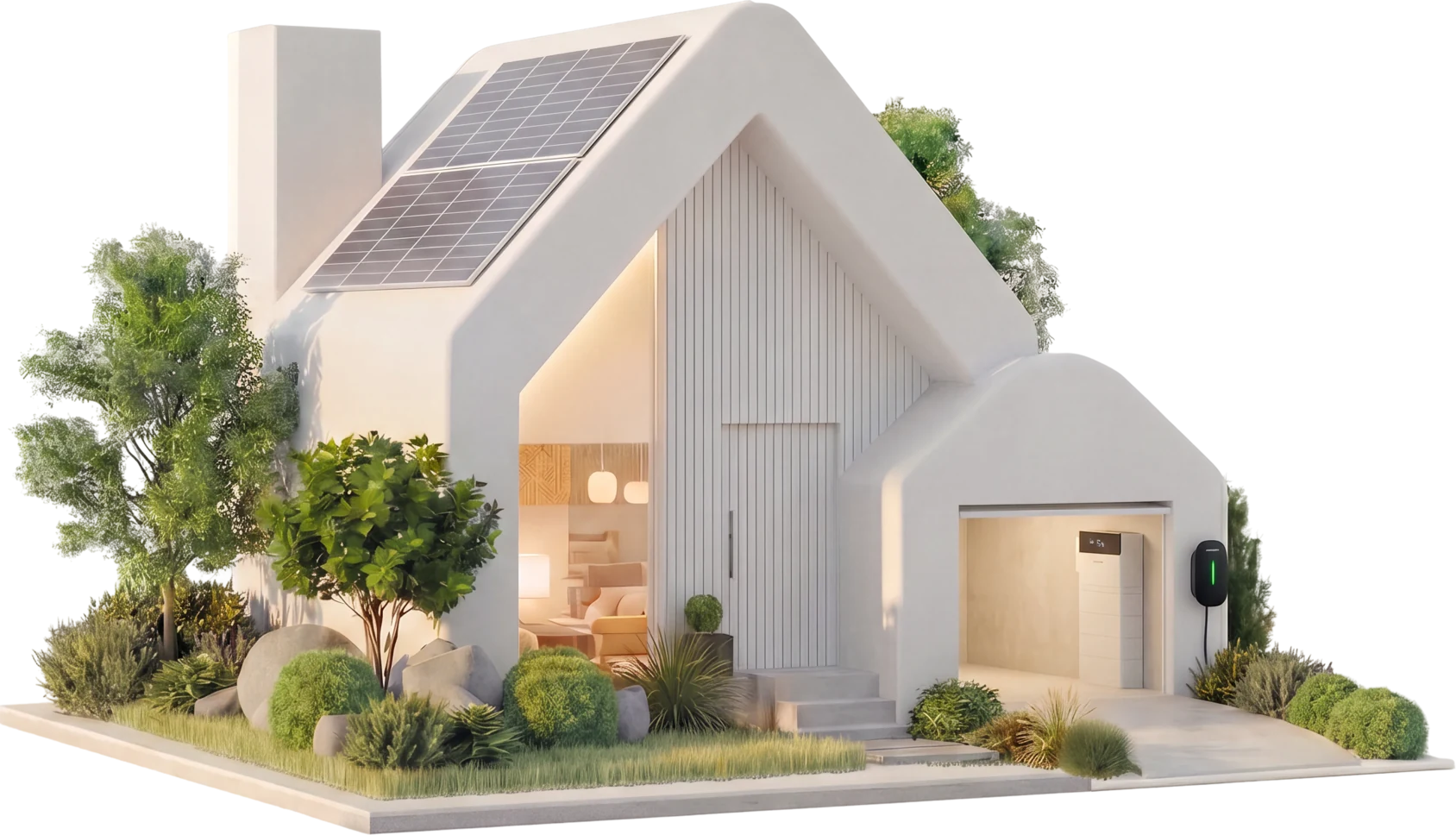 Een huis met zonnepanelen op het dak, een thuisbatterij en een laadpaal bij de garage.